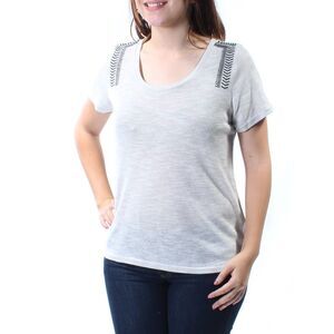 UM GEE Womens Gray Embroidered Short Sleeve Jewel Neck Top Size: S